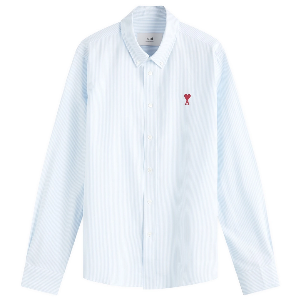 AMI Paris Men's Heart Striped Button Down Oxford Shirt Sky Blue/Natural White